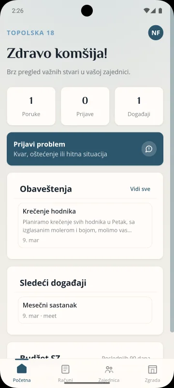 Ekran aplikacije: početna stanara